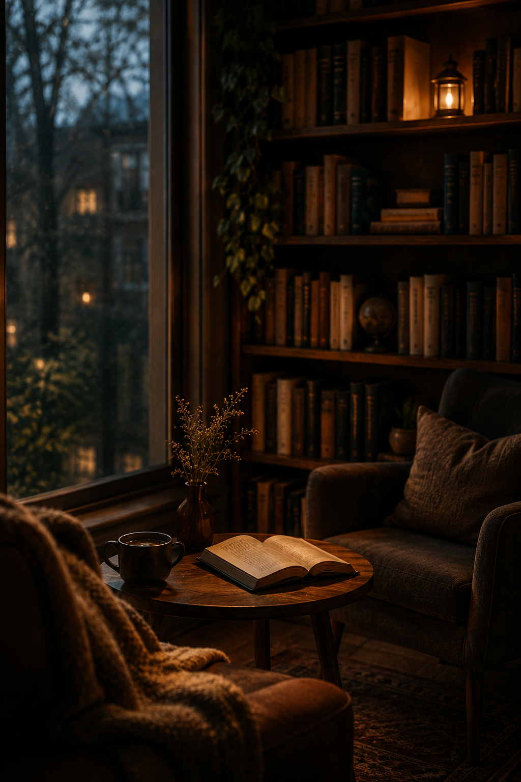 Уголок для чтения: кресло, книга и лампа